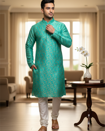 Man wearing a Kurti Connection USA turquoise cotton silk kurta with gold floral patterns and white trousers