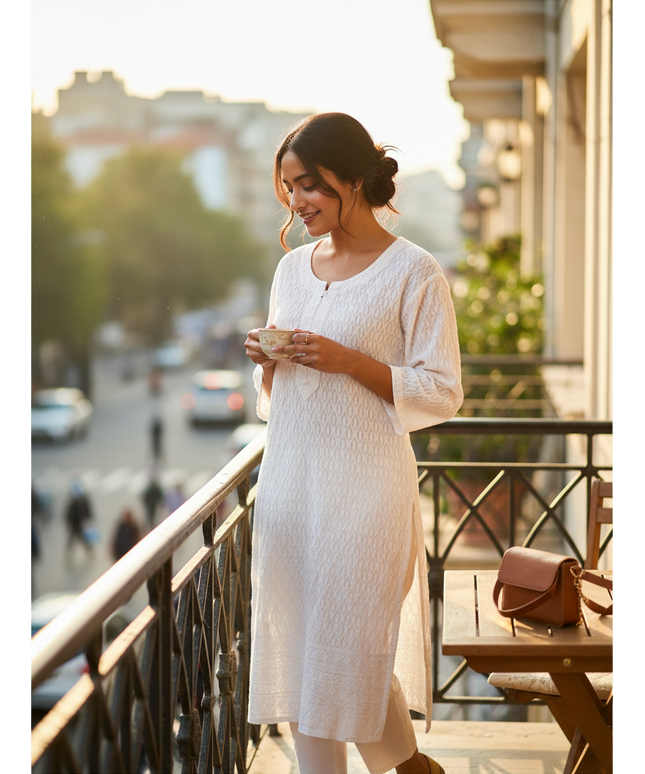 Kurti Connection USA white Chikankari kurti with intricate embroidery worn by a woman on a balcony at sunset