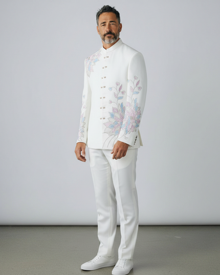 Kurti Connection USA white Jodhpuri set with floral embroidery on the sleeve and chest, worn by a man.
