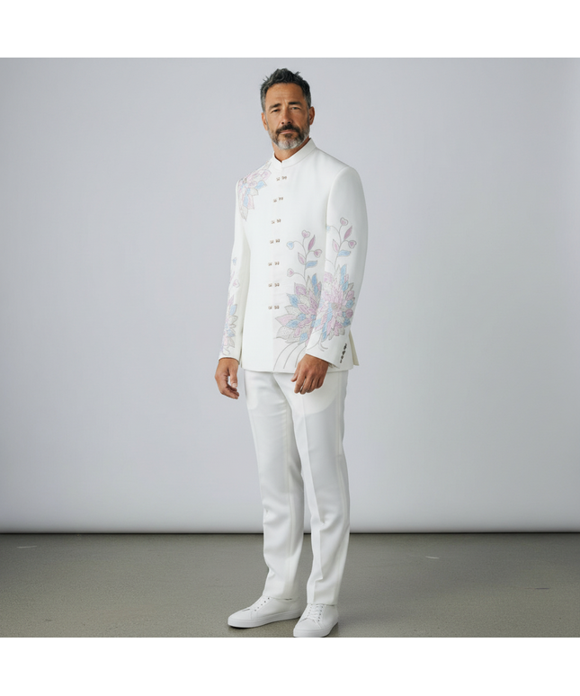 Kurti Connection USA white Jodhpuri set with floral embroidery on the sleeve and chest, worn by a man.