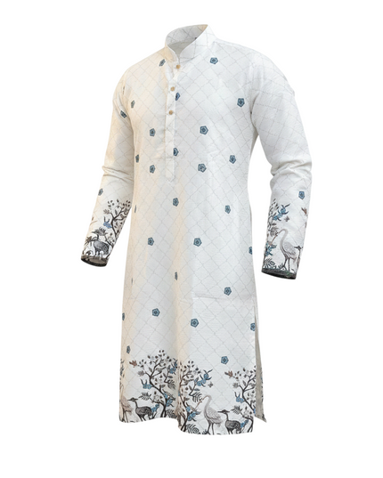 Kurti Connection USA white rayon kurta featuring a delicate diamond pattern and crane bird digital print on cuffs