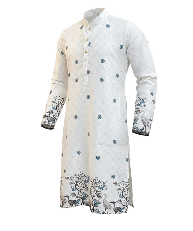 Kurti Connection USA white rayon kurta featuring a delicate diamond pattern and crane bird digital print on cuffs
