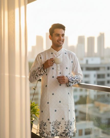 Man wearing a Kurti Connection USA white rayon kurta with blue digital floral print on a balcony at sunset