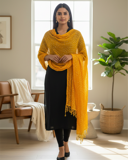 Kurti Connection USA yellow Bandhani dupatta with white tie-dye dots and tassel edges worn over a black kurta set