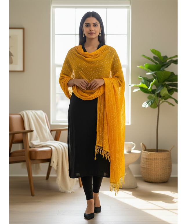 Kurti Connection USA yellow Bandhani dupatta with white tie-dye dots and tassel edges worn over a black kurta set