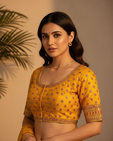 Kurti Connection USA yellow traditional blouse with floral embroidery, sequin borders, and metallic thread detailing.