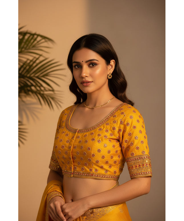Kurti Connection USA yellow traditional blouse with floral embroidery, sequin borders, and metallic thread detailing.