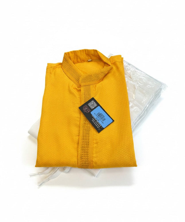 Kurti Connection USA yellow textured kurta set with mandarin collar and white pajama pants folded on white background