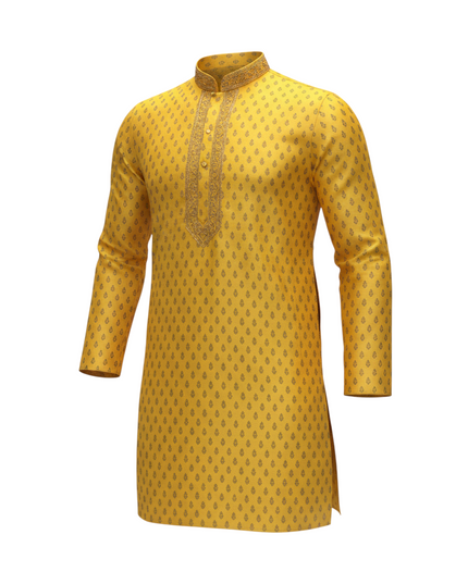 Kurti Connection USA men's yellow vegan silk short kurta with intricate gold embroidery on the collar and placket.