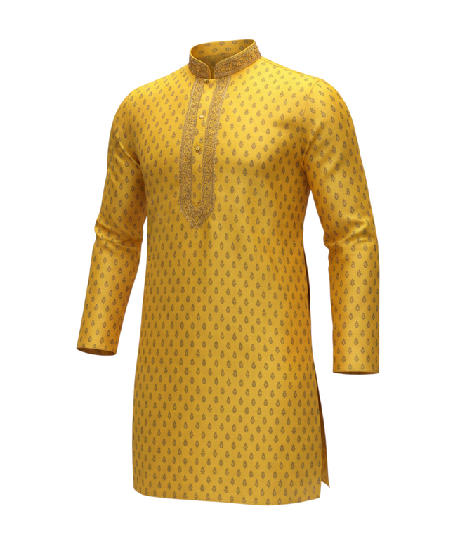Kurti Connection USA men's yellow vegan silk short kurta with intricate gold embroidery on the collar and placket.