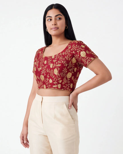 9102 embroidered raw silk blouse | readymade saree blouse