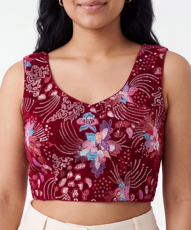 Red velvet blouse with embroidery work : Garba