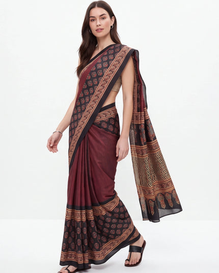 Ajrakh print saree with blouse piece (unstitched)